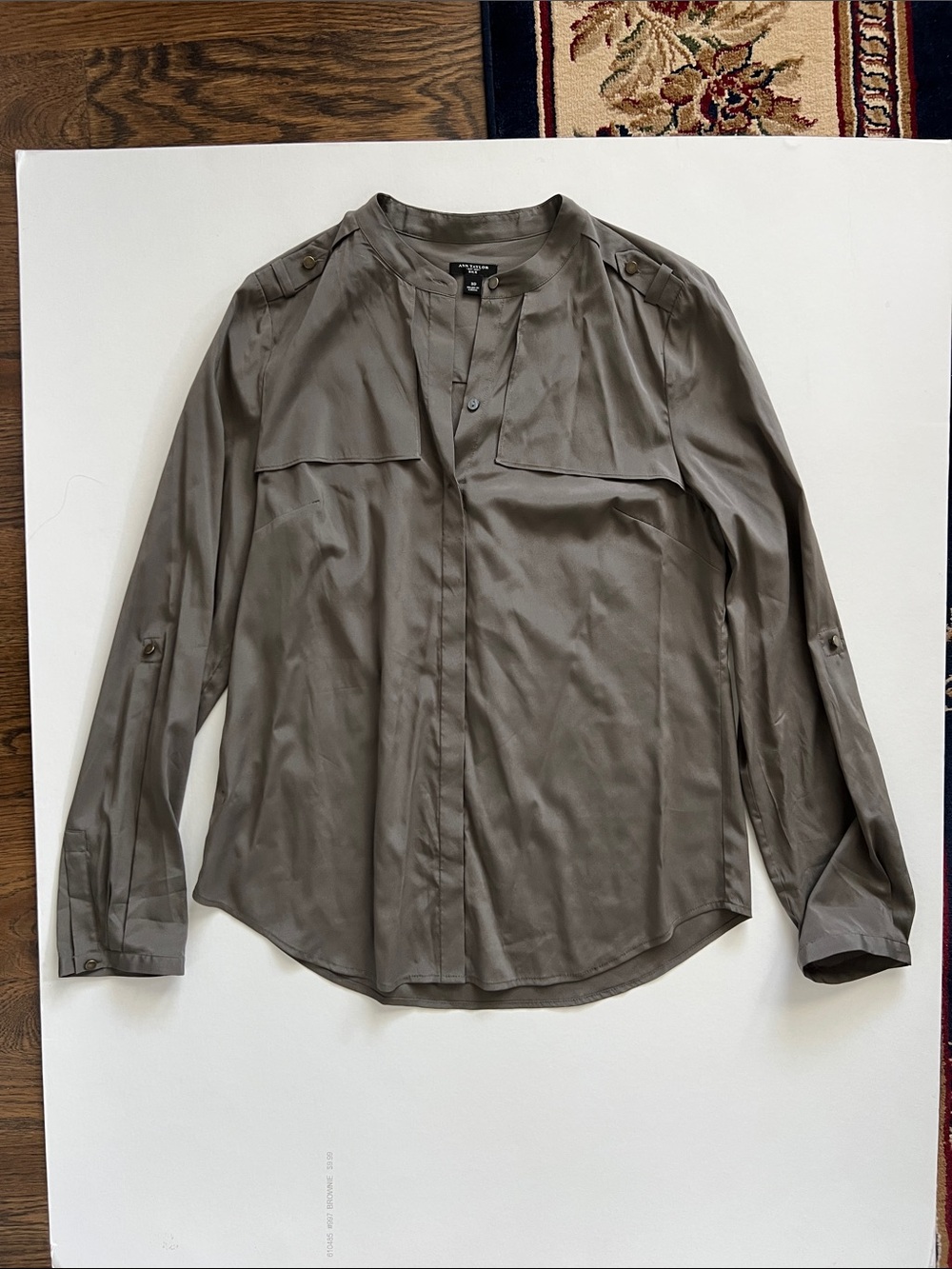 Ann Taylor Taupe Silk Button-Front Blouse ***small flaw